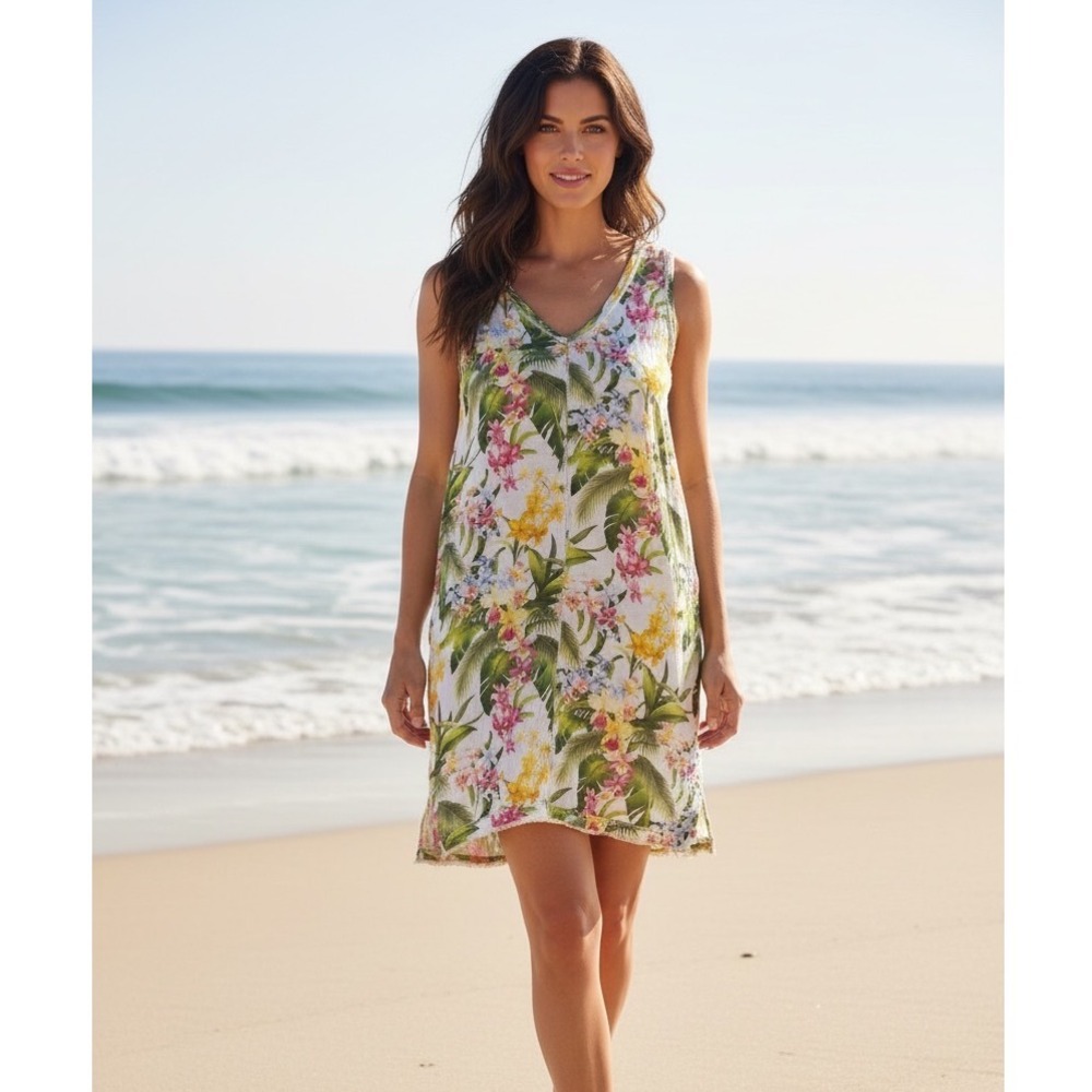 Tommy Bahama Island Soft Dress Medium White Floral Tropical Cotton Tropical